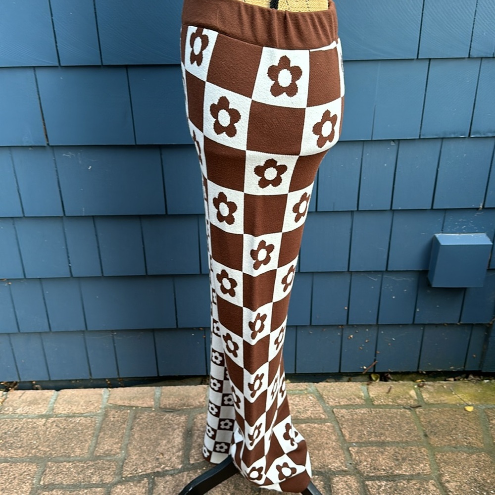 VGUC Brown/White Two-Toned Floral & Checkered Wide Leg Stretch Pants Women’s Lg - Picture 10 of 10